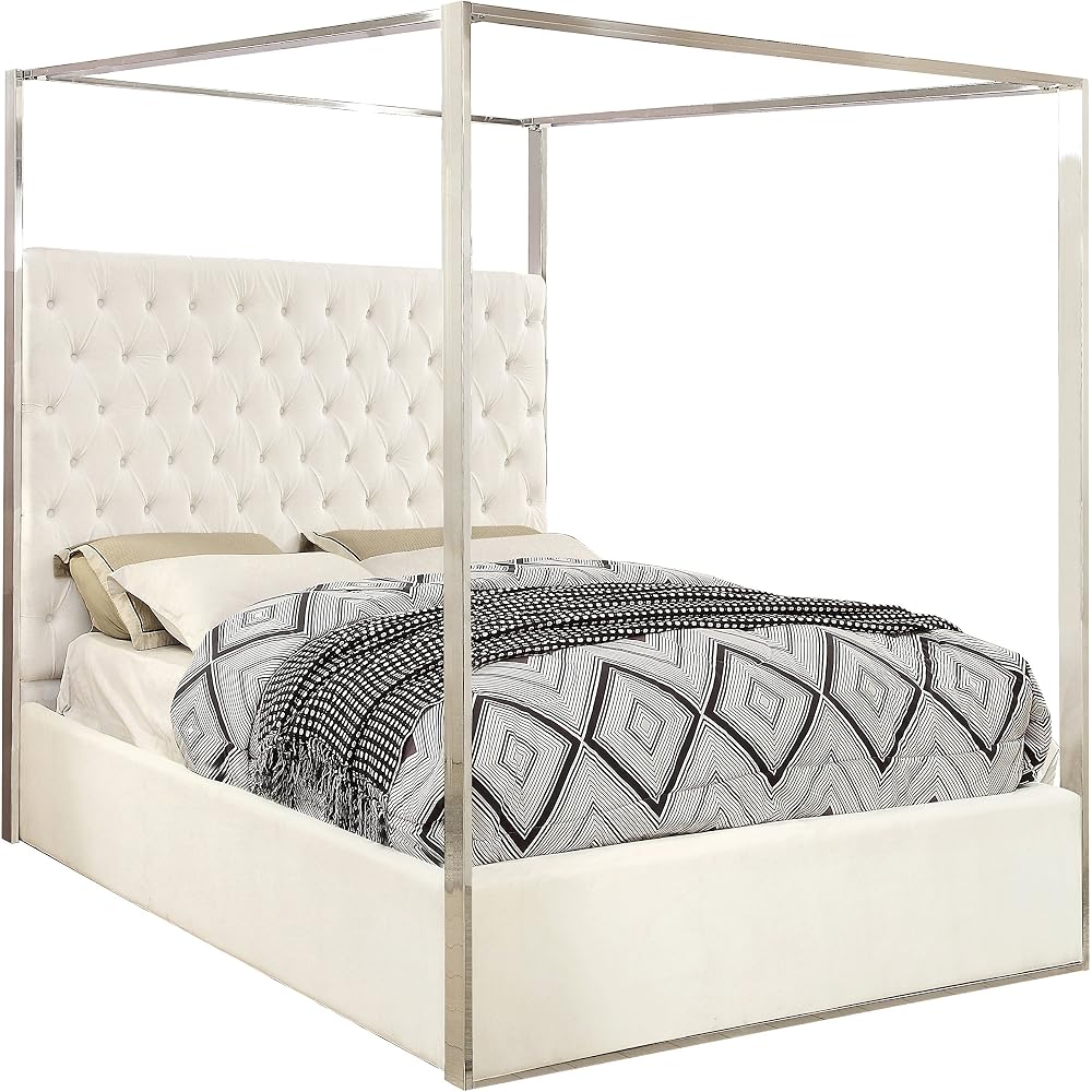 Porter Collection Modern | Contemporary Velvet Upholstered Bed with Deep Detailed Tufting and Chrome Canopy, White, King