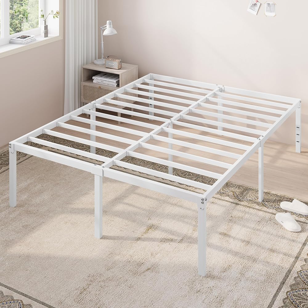 Full Size Bed Frame, 18 Inch Metal Beds with Storage Space, White