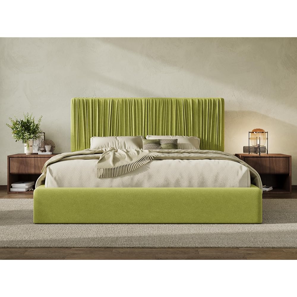King Size Artisanal Pleated Velvet Bed Frame with Adjustable Headboard, Luxurious Upholstered Floor Platform Bed, Modern Low Profile Frame, Green